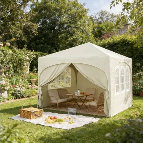 Barnum de jardin pliant 3 x 3 m beige, toile Oxford 210D, structure en fer, sac (1/5)
