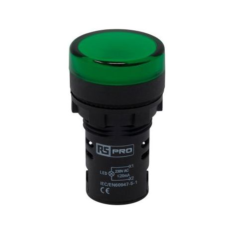 Voyant lumineux LED RS PRO Vert 230V c.a., Ø découpe 22mm, Montage panneau, IP65 ( Prix pour Paquet de 5 )
