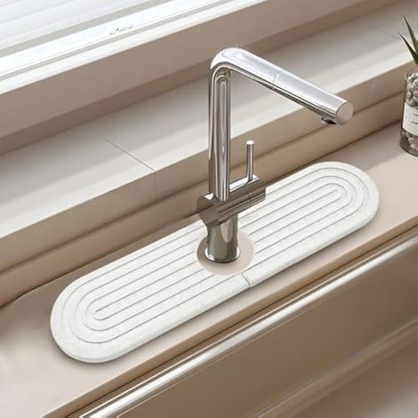 Jiozermi Tapis Fucet en pierre pour évier de cuisine, plateau d'évier en pierre à séchage rapide, robinet de cuisine anti-éclaboussures, tapis absorbant pour évier de salle de bain (45 x 9,9 cm, blanc (1/5)