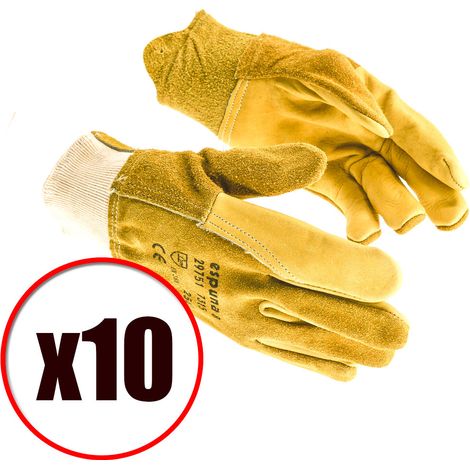 Lot de 10 paires de gants de travail manutention cuir fleur de bovin EN388 Taille - Taille 9 (1/4)