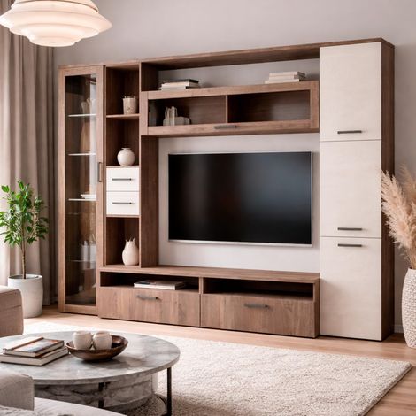 Parete Attrezzata Mobile Soggiorno Moderno Con Base TV 2 Ante Pensile 4 Ante e 2 Mensole Design Contemporaneo in Melaminico Facile da Pulire 200 x 194 x 40 cm Bianco - Colore: Noce Spatolato