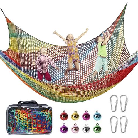 Kletternetz für Spielplätze, 1 x 3 m doppellagiges Kindersicherheitsnetz, 4 Haken, 8 Glöckchen, für den Innen- und Außenbereich, Sturzprävention (Regenbogen)