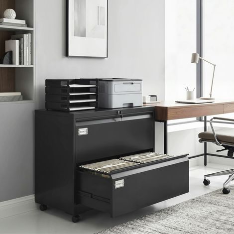 Conteneur mobile 2 tiroirs classeur verrouillable classement suspendu réglable - Dimensions: 90x40x77,4 cm - Couleur: Noir