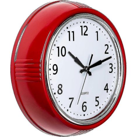 Horloge murale rétro 25 cm rouge, style vintage années 50, ronde, silencieuse (sans tic-tac), à quartz de qualité, fonctionne sur piles. (1/5)