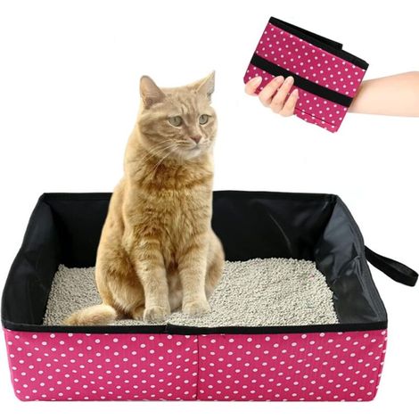 Bac à Litière pour Chat Pliable, Portable Litière de Voyage pour Chat, Boîte à Litière Pliable pour Chats avec Animaux, Imperméable, Nettoyer pour Domicile et Extérieures Camping, L(Rose)