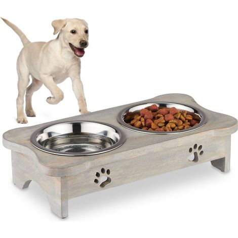 Relaxdays Dog Bowls with Stand, 2 Dishes, Raised Feeder, Paw Design, 750 ml Each, Mango Wood & Stainless Steel, Grey