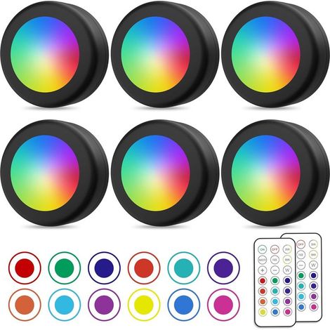 Spot LED sans fil – Éclairage dimmable avec télécommande – 12 couleurs RVB – Lot de 6 lumières pour placard et armoire (1/5)