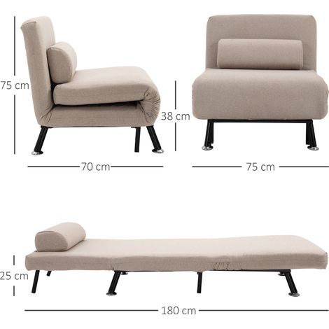 Canapé-lit convertible, fauteuil relaxant pliable avec coussin dorsal, revêtement aspect lin, dossier inclinable réglable, charge max 150 kg, idéal salon, beige (1/5)