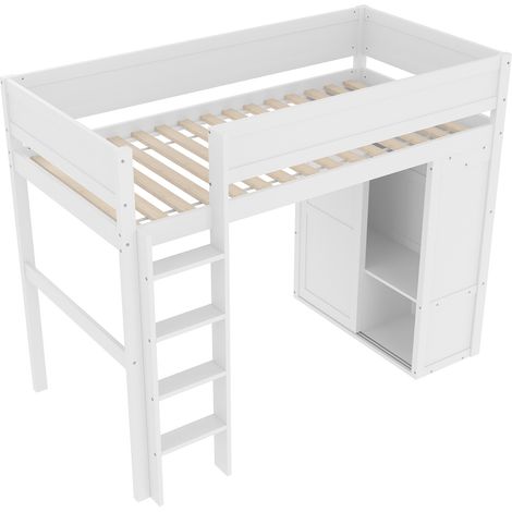 Hochbett Einzelbett mit Kleiderschrank, Ablagefach und Offenem Raum 90 x 200 cm, ohne Matratze, Weiss (1/5)