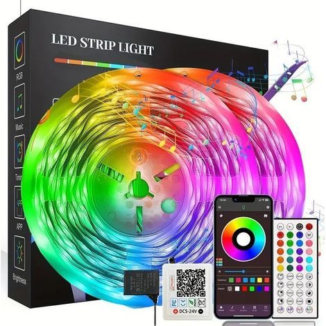 Striscia LED RGB da 24 V, controllo musicale Bluetooth a 44 tasti, illuminazione ambientale, striscia LED 3535 flessibile ad alta luminosità, autoadesiva e impermeabile con cambio colore, illuminazion (1/4)