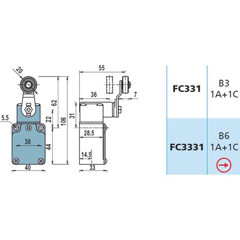 FC331 1NA + 1NC Interruttore di Posizione a leva gir.con rotella Finecorsa
