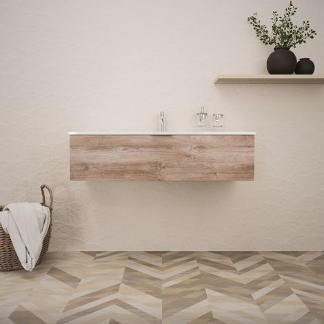 Inda - Badezimmerschrank B.120 mit glänzendem Waschbecken / Natureiche 1 Schublade - Topazio