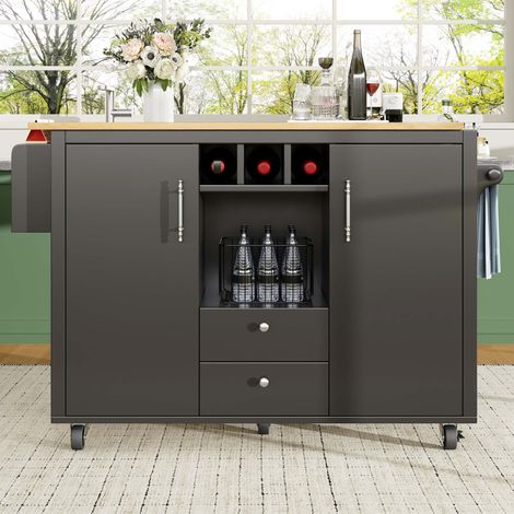 Îlot de cuisine mobile blanc et noir 137,9 cm avec plateau rabattable, desserte sur roulettes, meuble de rangement avec 2 tiroirs, porte-épices et range-bouteilles (1/5)