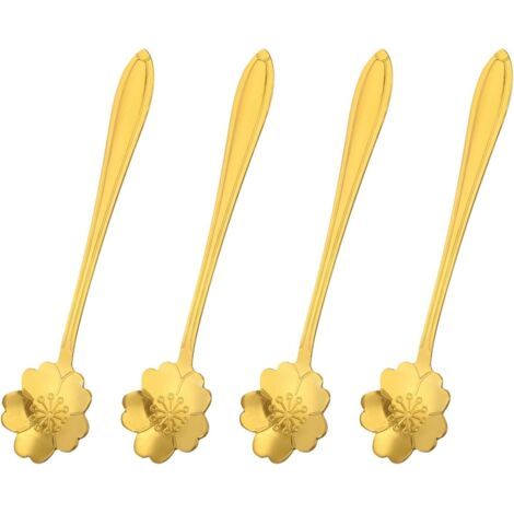 4pcs Inox Acier Fleur Cuillères 5 pouce Cerise Fleur Forme Café Cuillère Petit Cuillère Café Dessert Cuillère pour Expresso Sucre Gâteau, Or (1/5)
