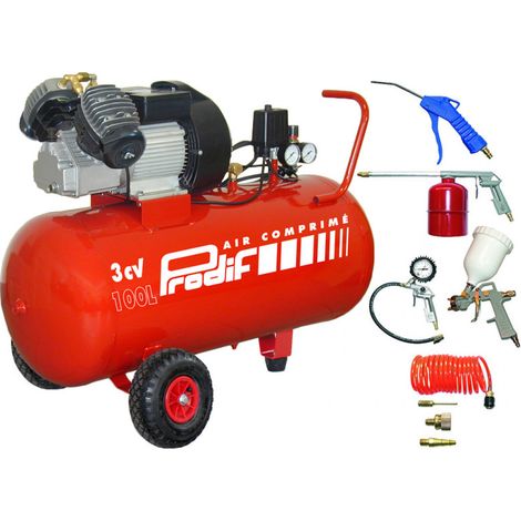 Prodif – Compresseur coaxial 100L 3CV – Bi-cylindre sur roues – Débit d’air élevé – Kit 8 accessoires pour peinture et gonflage