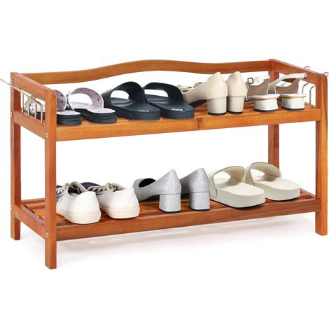 COSTWAY Scarpiera a 2 Livelli, Scaffale per Scarpe in Legno di Acacia Solido con Ganci Laterali in Metallo, Contiene 12 Paia, Capacità di Ogni Ripiano 20 kg, 74 x 26 x 42 cm (2 Livelli) (1/5)