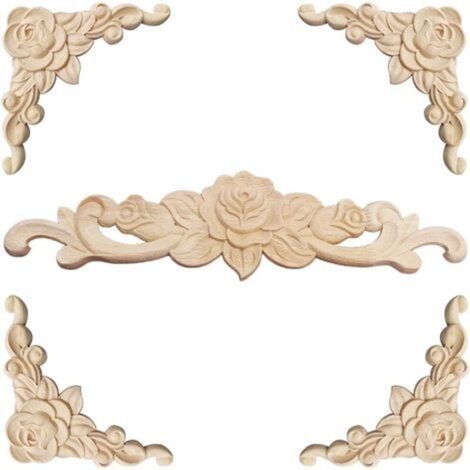 Moulure Decorative Bois 5 Pièces Sculpture Bois Moulure Décorative Bois Applique Moulure Rosace Decorative Floral Bois Sculpte Decal Sculpté d'angle Decoratif pour Décoration Meuble