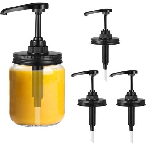 Distributeur de sirop 3 pièces avec couvercle à pompe, distributeur de sirop de café pour bocaux de conserve standard, pour sirop, miel, 7 cm (noir) (1/5)
