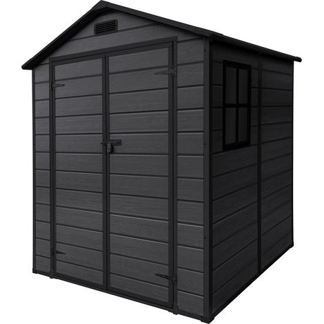 ECD Germany Caseta de Jardín con Suelo, 5m³ 151x182x220 cm, Gris Oscuro, Cobertizo Exterior de Plástico para Almacenamiento de Herramientas, con Tejado en Dos Aguas, Puerta y Ventana de Ventilación