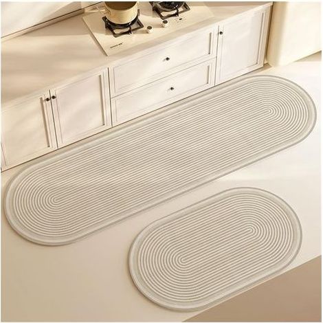 Set mit 2 ovalen, rutschfesten Küchenmatten aus Kieselgur, für den Bereich vor der Spüle, schnelltrocknend, rutschfest, fleckenabweisend und waschbar, für Wohnzimmer, Flur, Badezimmer (beige, 50 x 80 (1/5)