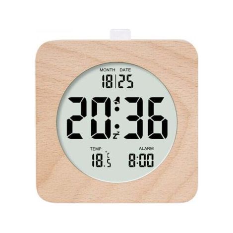 carré Réveil numérique en bois, réveil matinal, horloge numérique LCD avec affichage de la date, de la température, de la répétition, du rétroéclairage, horloge numérique alimentée par batterie (1/5)
