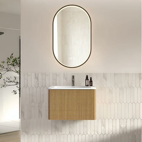 Mueble de baño con lavabo de 60 cm y espejo LED ovalado 50 x 80 cm, roble (1/5)