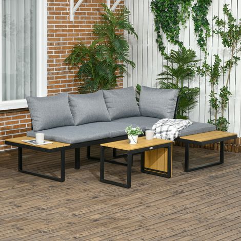 Ensemble de mobilier de jardin pour 3 personnes, mobilier de balcon avec coussins d'assise, structure en aluminium, aspect bois, gris foncé et naturel.