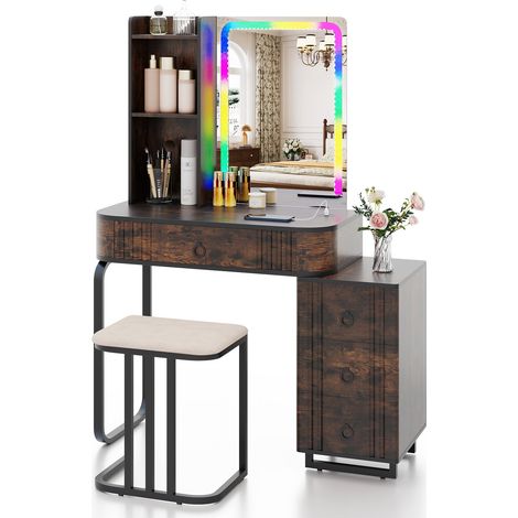 COSTWAY RGB Vanity Table Set Bedroom Dressing Table w/ Mirror & Lights-Brown (1/5)