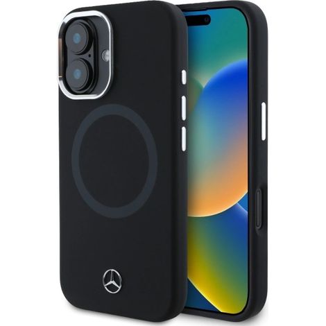 Coque rigide Mercedes MEHMP16S23SUTTK pour iPhone 16 6.1 noir/noir, en silicone avec logo ton sur ton et compatible MagSafe. (1/5)