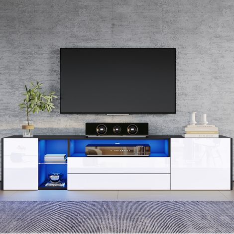 Meuble TV LED 180 x 40 x 45 cm avec 2 tiroirs et 2 placards, façade brillante, noir et blanc DESVIAE (1/5)