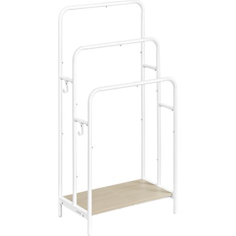 Vasagle – Porte-serviette sur pied 3 barres 100 cm – Métal blanc mat et beige naturel – Séchage rapide et rangement optimal – 2 crochets et étagère (1/5)