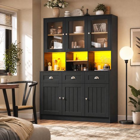 Aparador negro 140x40x175 cm de madera con almacenamiento y LED para cocina o comedor (1/5)