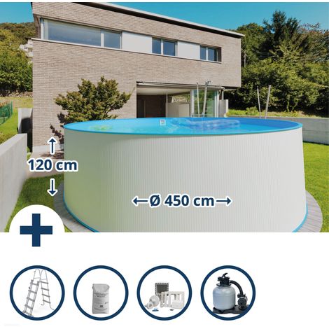 Stahlwandpool Set (5-teilig) hoch rund 450 x 120 cm, Stahl 0,4 mm weiß Folie 0,4 mm blau (1/5)