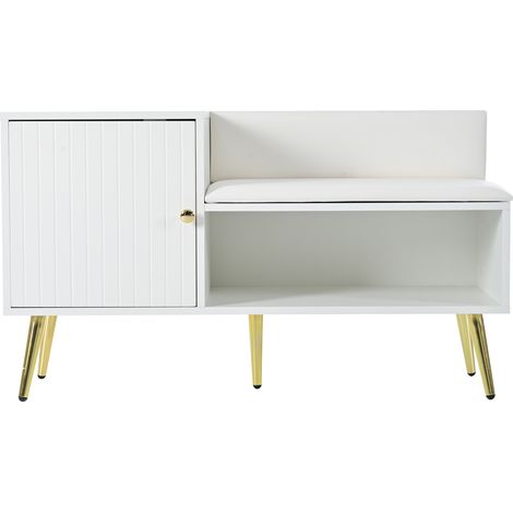 Banc de rangement blanc moderne avec siège rembourré et poignées métalliques - 100x40x58 cm (1/5)