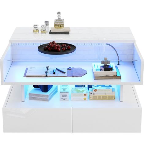 Table basse 80x80x45 cm réglable en hauteur avec rangement caché et 2 tiroirs, table canapé avec LED, table de salon brillante en verre trempé, blanc (1/5)
