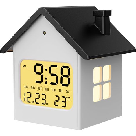 Digitaler Wecker in Hausform mit automatischer Dimmung, Schlummerfunktion, Datum, Wochentag, USB-Anschluss, Temperatur, moderne Ästhetik, kleine Schreibtischuhr für Nachttisch, Schlafzimmer (1/5)