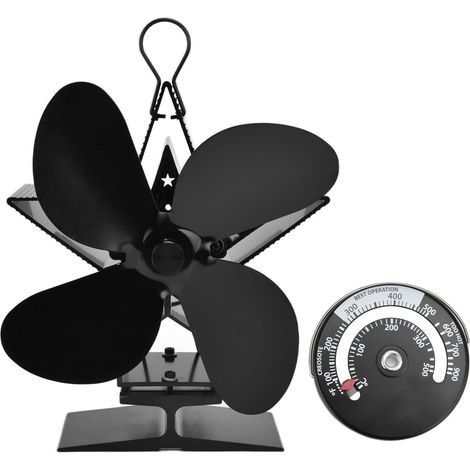 Decdeal 4 lames ventilateur de cheminée avec thermomètre en bois intérieur poêle à chauffage alimenté pour la distribution noire