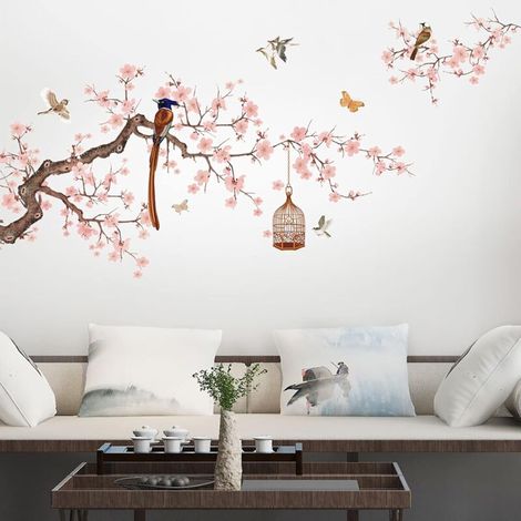 Chinesische Blumen-Wandtattoos fürs Wohnzimmer, rosa Blumen-Wandtattoos fürs Schlafzimmer, selbstklebende Wanddekoration (pfirsichrosa) (1/4)