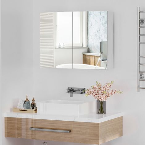 Armoire murale salle de bain avec miroir, 80 x 15 x 60 cm, meuble salle de bain, armoire de toilette avec double portes et étagères réglables, blanc (1/5)