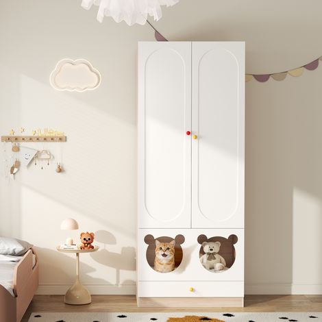 Armoire enfant 80x50x200 cm avec tringle et espace pour chat, naturel et blanc (1/5)