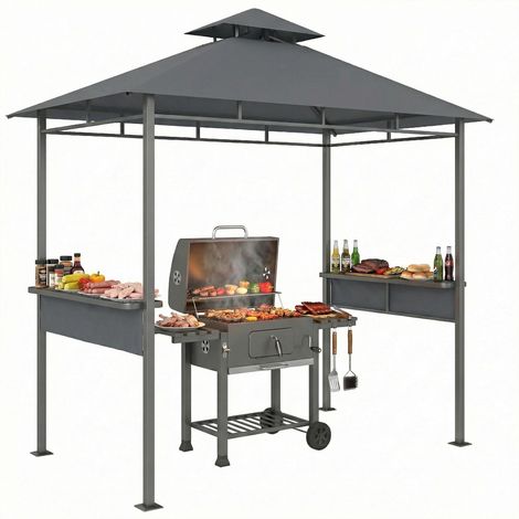 Grillpavillon 2,4 x 1,4 m, Windfest Grillüberdachung mit Doppeldach Lüftungsöffnung Seitenregalen (1/5)