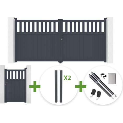 Portail battant SANTIS 3.4m H.160cm aluminium gris + 4 poteaux ELDA + Portillon 1m SANTIS H.160cm aluminium gris + motorisation Ranger B150 (1/5)