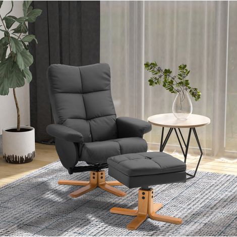 Poltrona relax girevole 360° con ottomana reclinabile, PU nero e struttura in legno OKWISH (1/5)