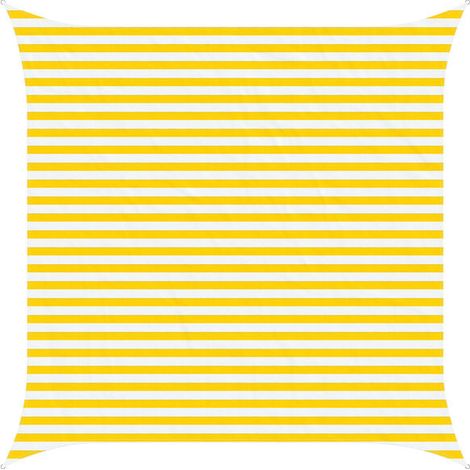 Voile d'ombrage à rayures jaunes et blanches, 3,6 x 3,6 mètres, tissu Oxford 100% polyester. (1/5)