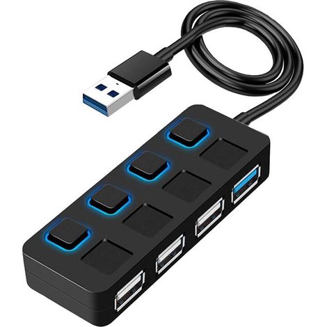 Hub USB 3.0 4 avec interrupteurs alimentation individuels éclairés LED adaptateur HUB USB expander multi USB splitter pour PC (1/5)