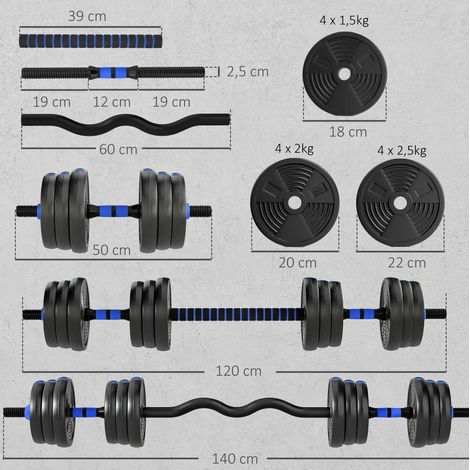Manubri regolabili 25 kg 3 in 1 con barra dritta e barra EZ, blu OKMYHOME (1/5)