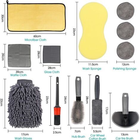 NALOOKAMIC  12PCS Kit De Nettoyage Voiture Professionnel,Microfibre Lavage Voiture Nettoyer Kit,Voiture Chiffons de Nettoyage Automobile Set,Brosse de Roue et de Jante,Chiffons de Nettoyage Gants de L