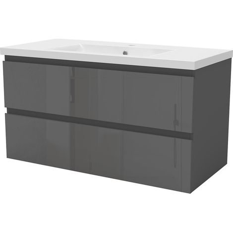 OCEAN Mobile bagno sospeso 99 cm con 2 cassetti, lavabo incassato, nero (1/5)
