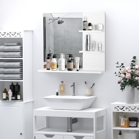 kleankin Miroir de salle de bain à suspendre au mur, miroir mural avec 3 étagères intégrées 60x10x48 cm, blanc (1/5)