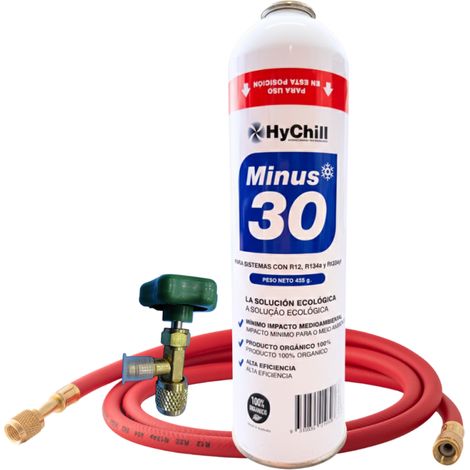Kit Gas Minus 30 Ecológico 995ml  Incluye Llave de Servicio + Manguera de Conexión  Sustituto R134a R12 R1234yf  425g